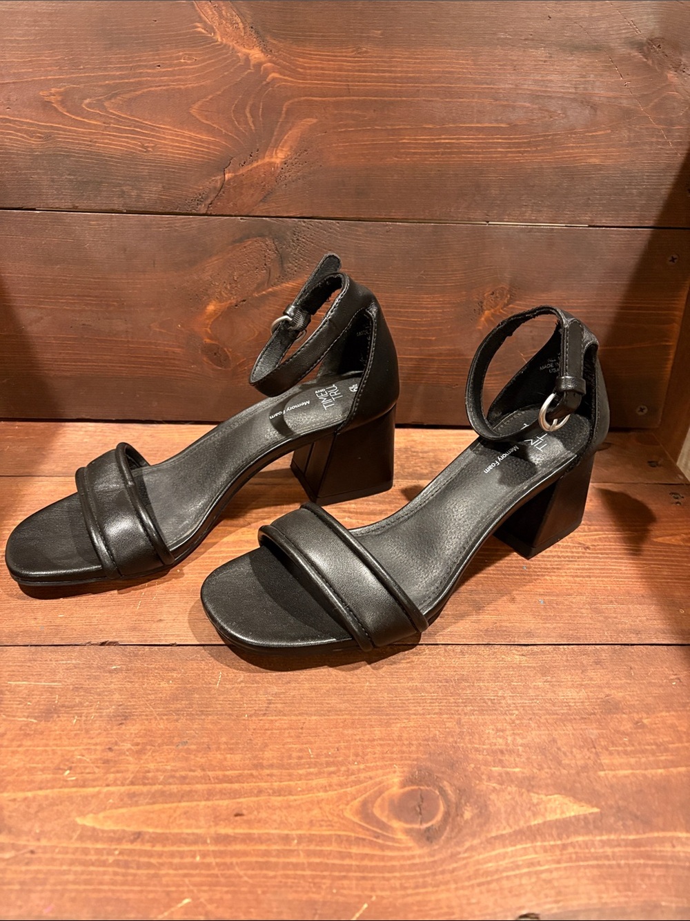 Time and Tru Black Block Heel Ankle Strap Sandals